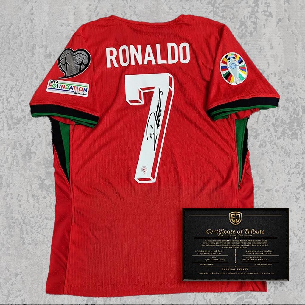 Cristiano Ronaldo 2024 Signed Tribute Jersey | Portugal Red Kit — printed signature tribute football shirt