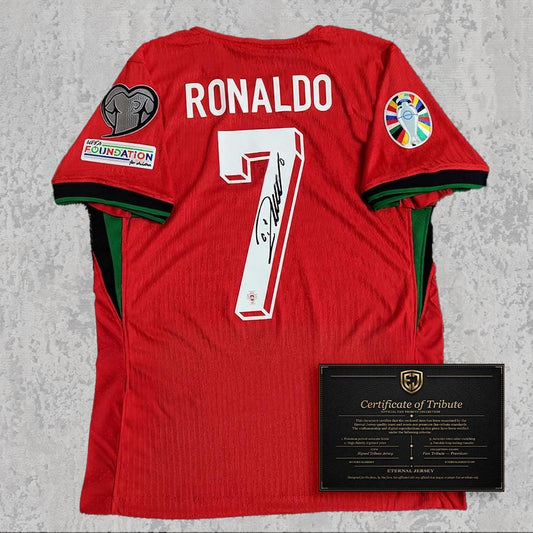 Cristiano Ronaldo 2024 Signed Tribute Jersey | Portugal Red Kit — printed signature tribute football shirt
