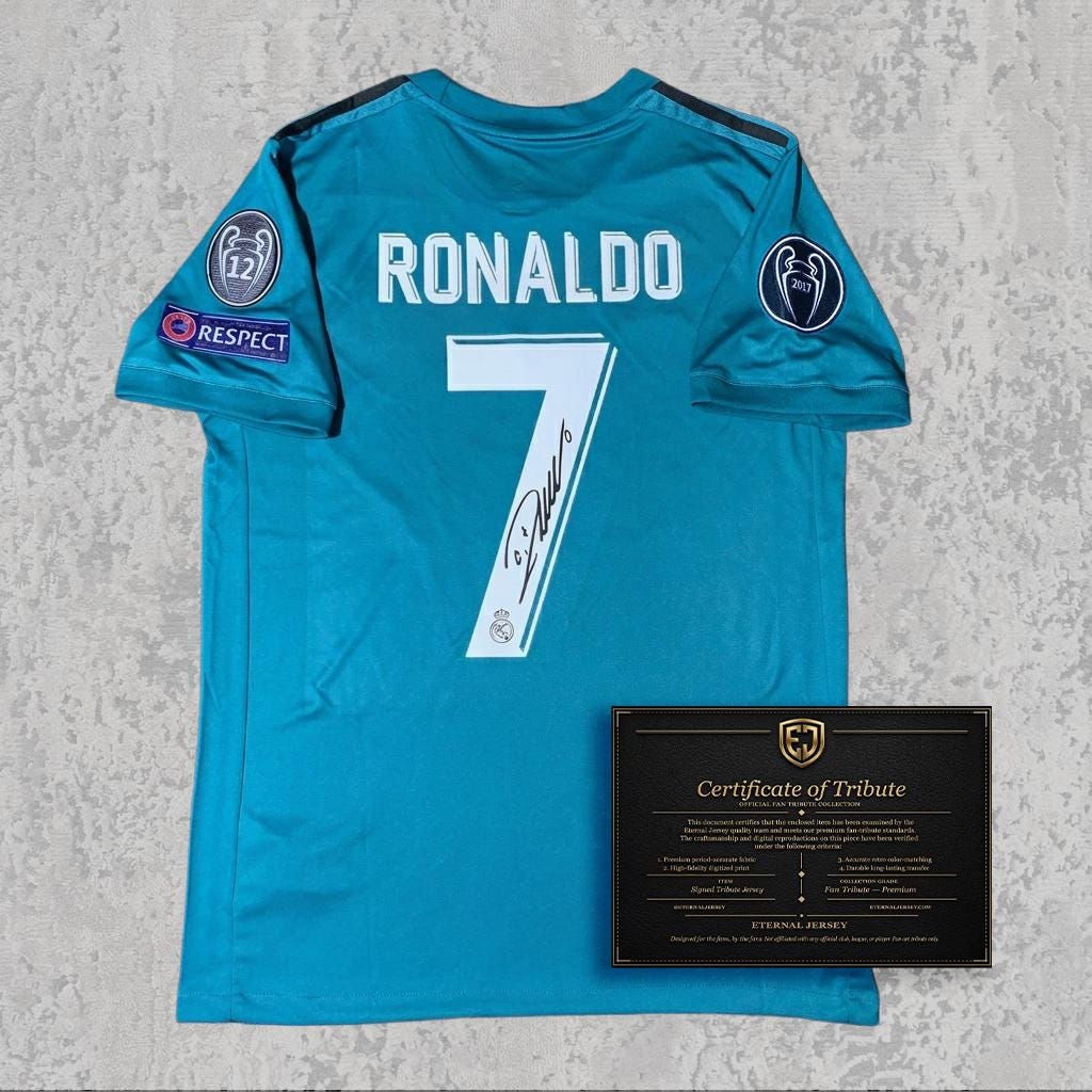 Cristiano Ronaldo 2018 Signed Tribute Jersey | Spanish Away Black Kit — printed signature tribute football shirt