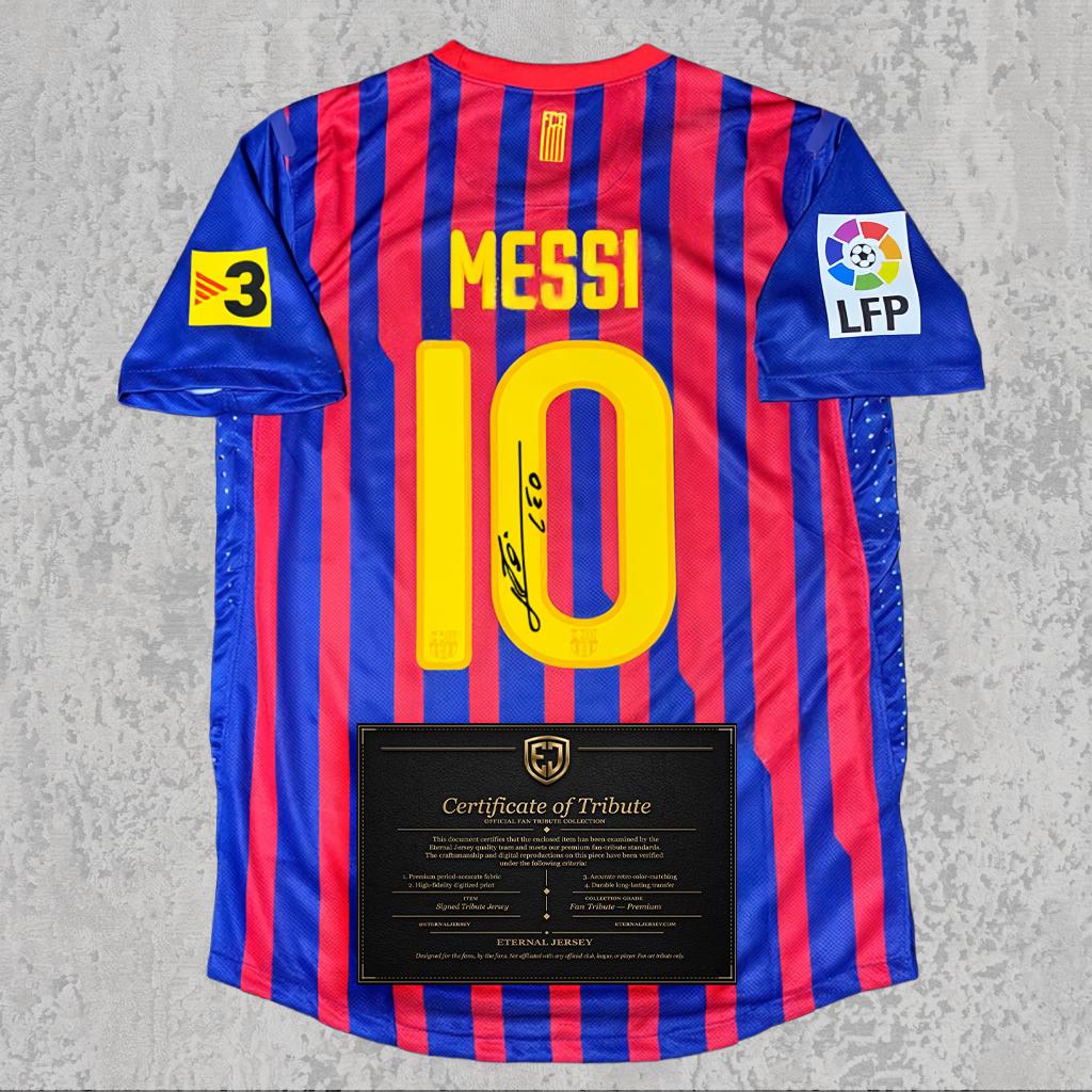 Lionel Messi 2012 Signed Tribute Jersey | 73 Goal Season Kit — printed signature tribute football shirt