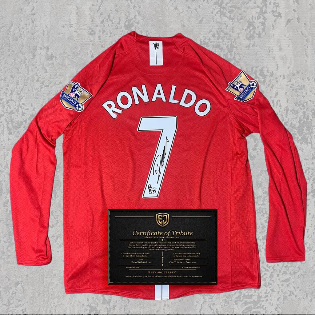 Cristiano Ronaldo 2008 Signed Tribute Jersey | Manchester Red Kit — printed signature tribute football shirt