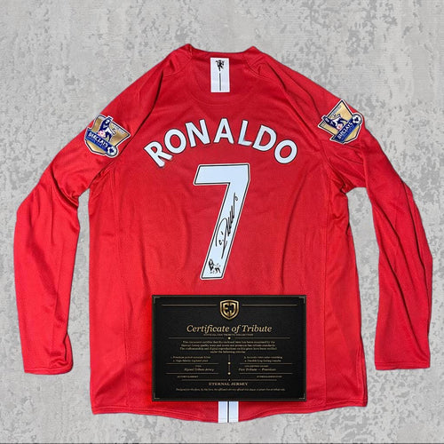 Cristiano Ronaldo 2008 Signed Tribute Jersey | Manchester Red Kit — printed signature tribute football shirt