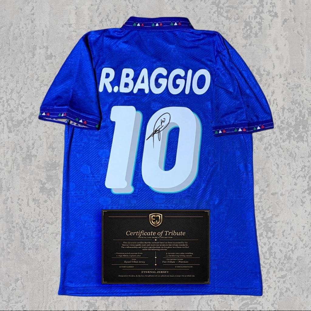 Roberto Baggio 1994 Signed Tribute Jersey | Italian Blue Classic Kit — printed signature tribute football shirt
