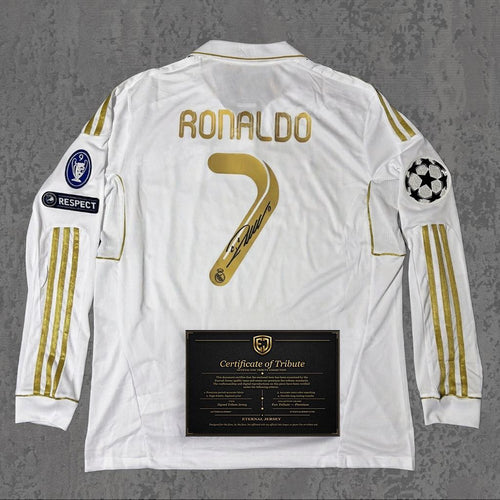 Cristiano Ronaldo 2012 Signed Tribute Jersey | Classic Spanish Gold Kit — printed signature tribute football shirt