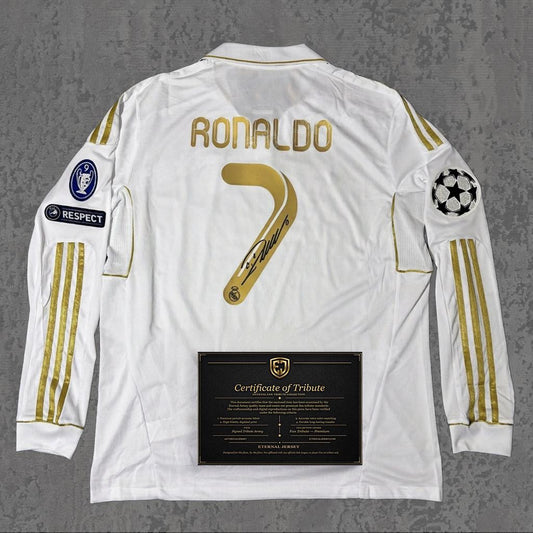 Cristiano Ronaldo 2012 Signed Tribute Jersey | Classic Spanish Gold Kit — printed signature tribute football shirt
