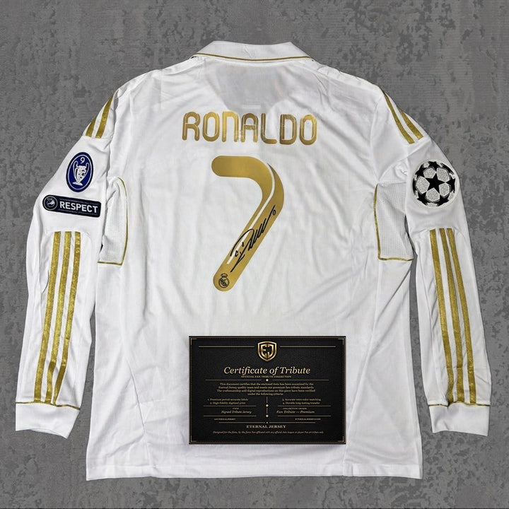 Cristiano Ronaldo 2012 Signed Tribute Jersey | Classic Spanish Gold Kit — printed signature tribute football shirt