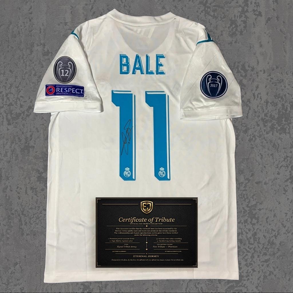 Gareth Bale 2018 Signed Tribute Jersey | Bicycle Kick White Kit — printed signature tribute football shirt