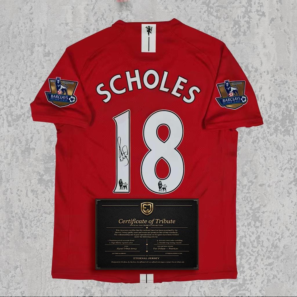 Paul Scholes 2008 Signed Tribute Jersey | Manchester Red Kit — printed signature tribute football shirt