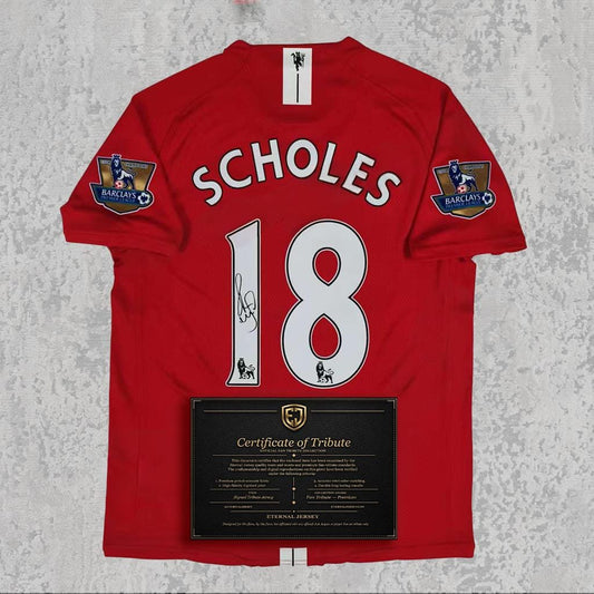 Paul Scholes 2008 Signed Tribute Jersey | Manchester Red Kit — printed signature tribute football shirt