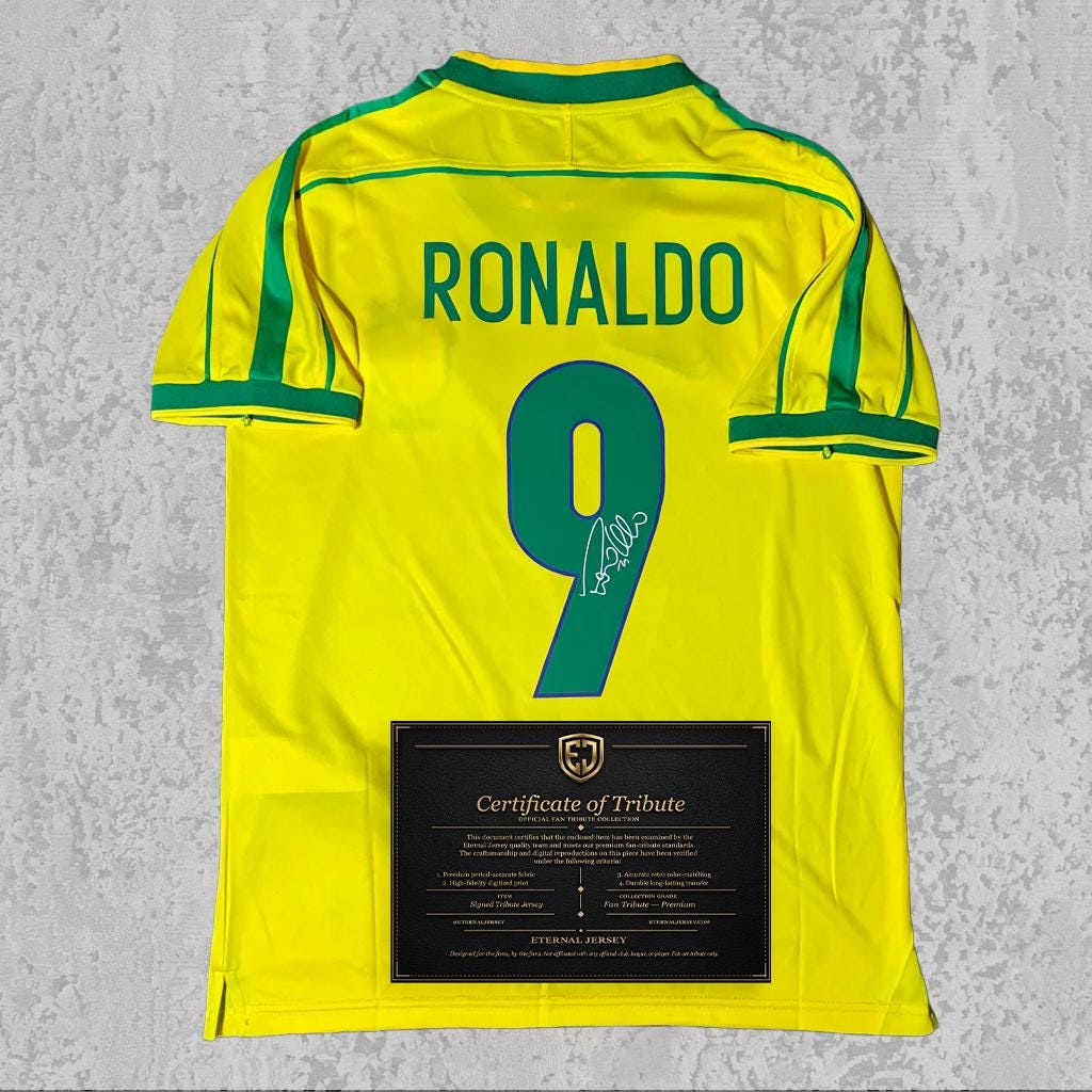 Ronaldo R9 1998 Signed Tribute Jersey | Samba Yellow Brazil Kit — printed signature tribute football shirt