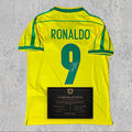 Ronaldo R9 1998 Signed Tribute Jersey | Samba Yellow Brazil Kit — printed signature tribute football shirt