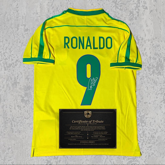 Ronaldo R9 1998 Signed Tribute Jersey | Samba Yellow Brazil Kit — printed signature tribute football shirt