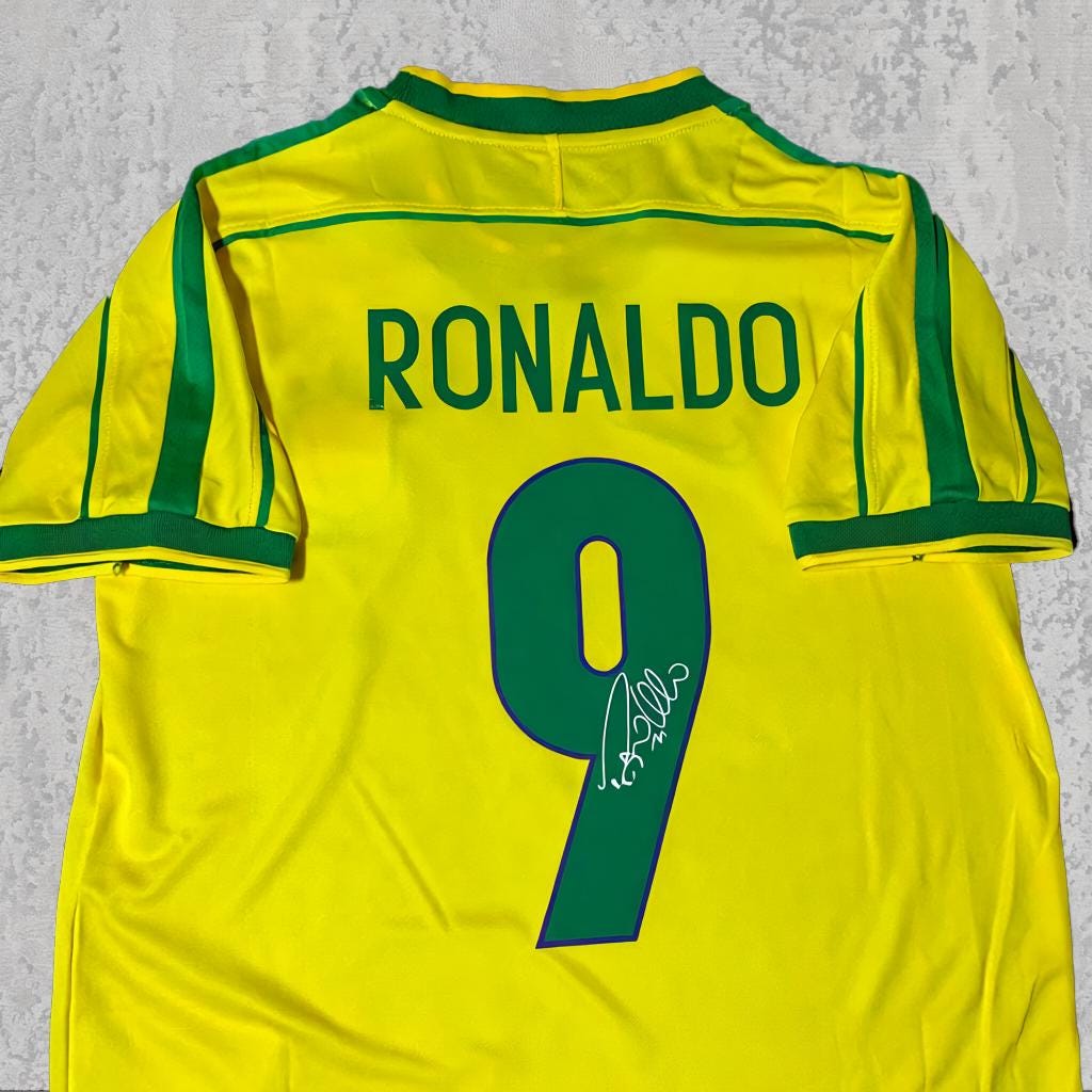 Ronaldo Nazário 1998 Samba Yellow Retro Signature Tribute Jersey - Printed Signature Shirt image 2 - printed signature football gift