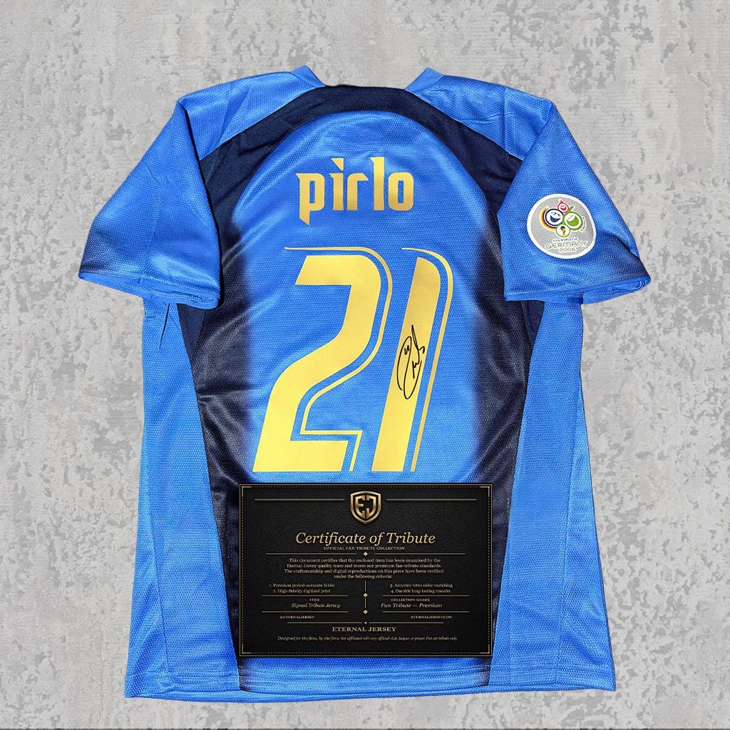 Andrea Pirlo 2006 Signed Tribute Jersey | Italian Blue World Cup Kit — printed signature tribute football shirt