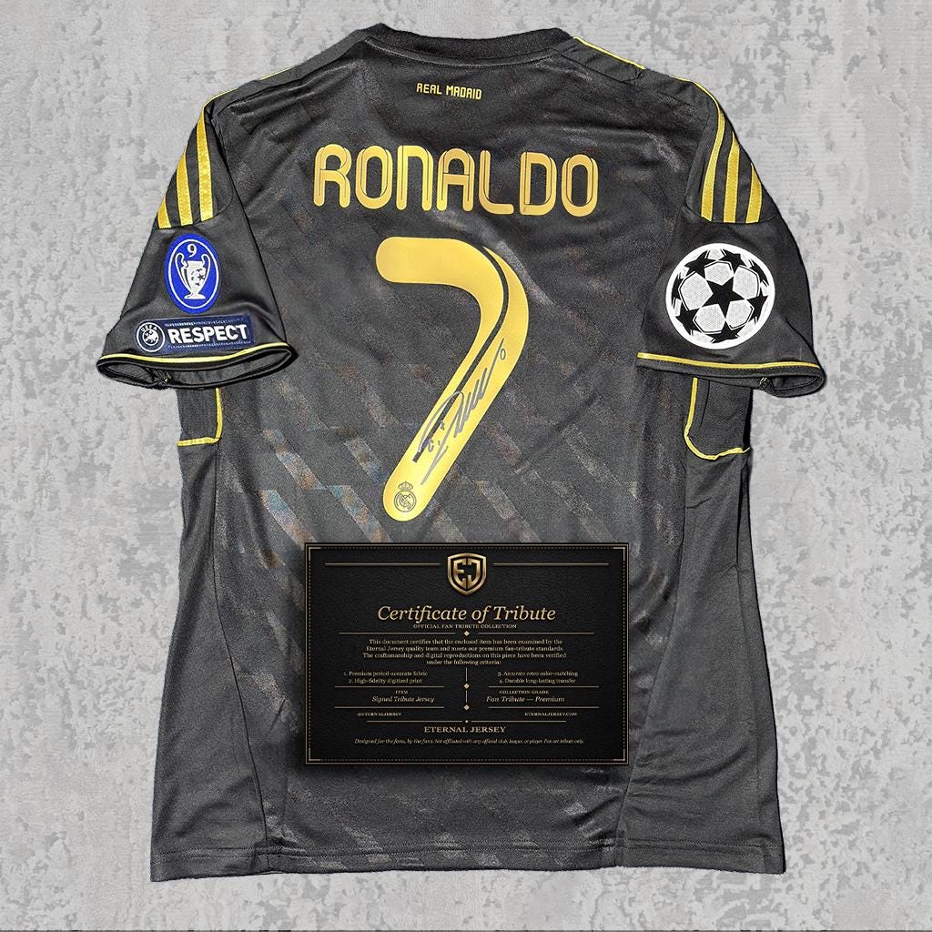 Cristiano Ronaldo 2011 Signed Tribute Jersey | Spanish Black Away Kit — printed signature tribute football shirt