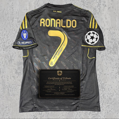 Cristiano Ronaldo 2011 Signed Tribute Jersey | Spanish Black Away Kit — printed signature tribute football shirt