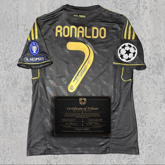 Cristiano Ronaldo 2011 Signed Tribute Jersey | Spanish Black Away Kit — printed signature tribute football shirt