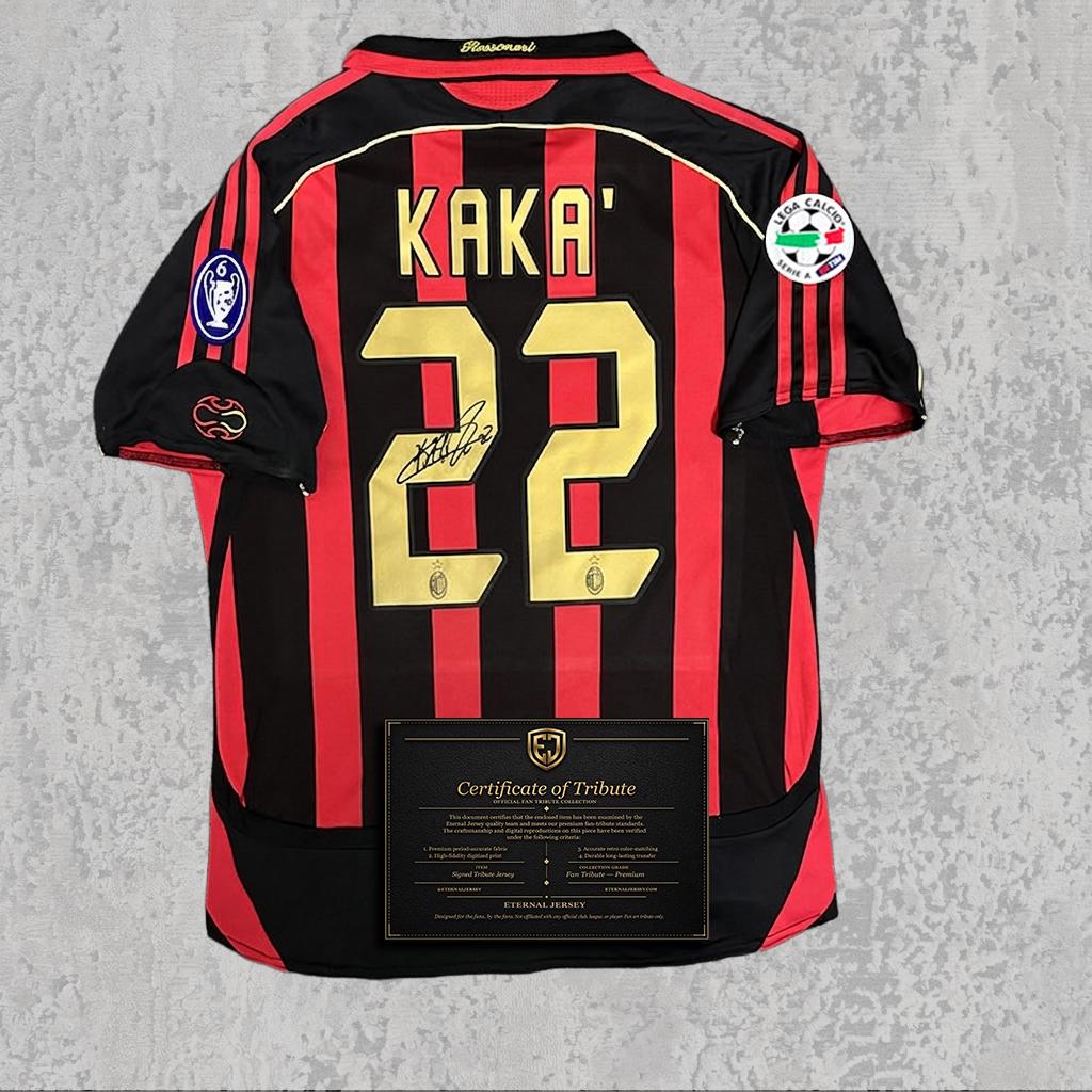 Kaká 2007 Signed Tribute Jersey | Red Black Rossoneri Kit — printed signature tribute football shirt