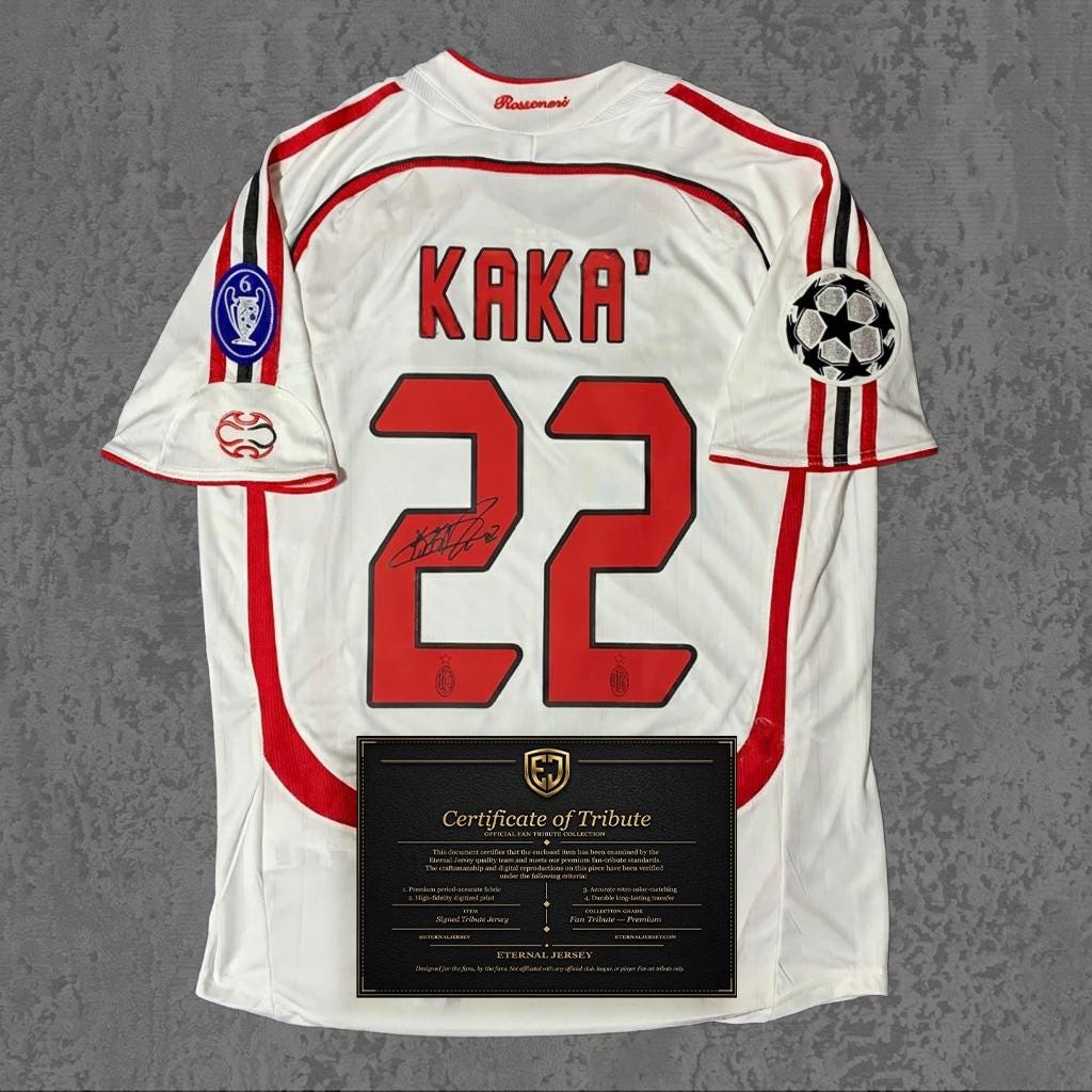 Kaká 2007 Signed Tribute Jersey | Classic Italian White Long Sleeve — printed signature tribute football shirt