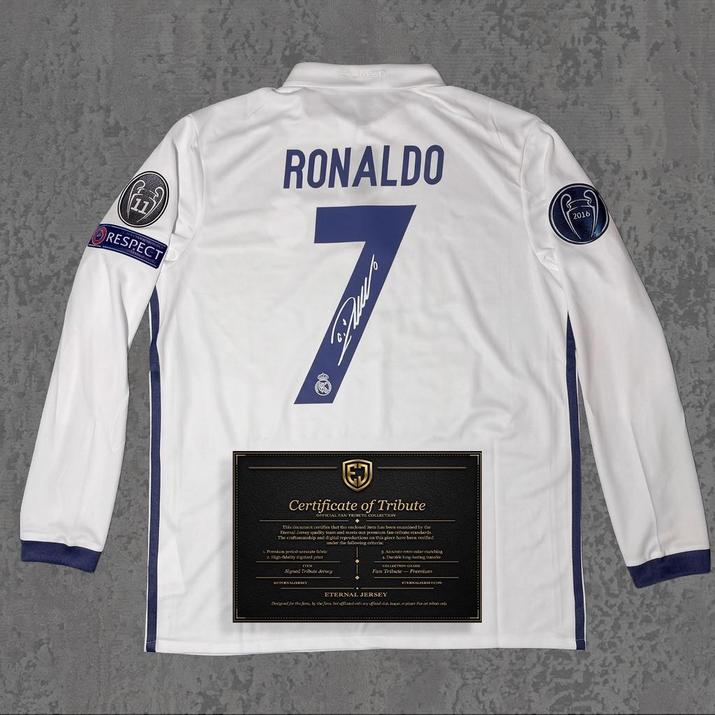 Cristiano Ronaldo 2017 Signed Tribute Jersey | Spanish White Kit — printed signature tribute football shirt