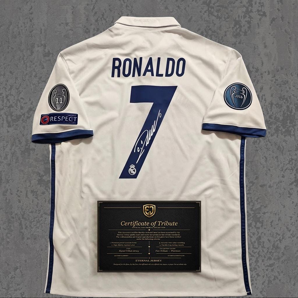 Cristiano Ronaldo 2017 Signed Tribute Jersey | Spanish Navy Kit — printed signature tribute football shirt