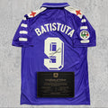 Gabriel Batistuta 1999 Signed Tribute Jersey | Florence Purple Kit — printed signature tribute football shirt