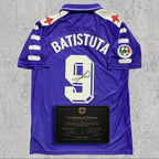 Gabriel Batistuta 1999 Signed Tribute Jersey | Florence Purple Kit — printed signature tribute football shirt