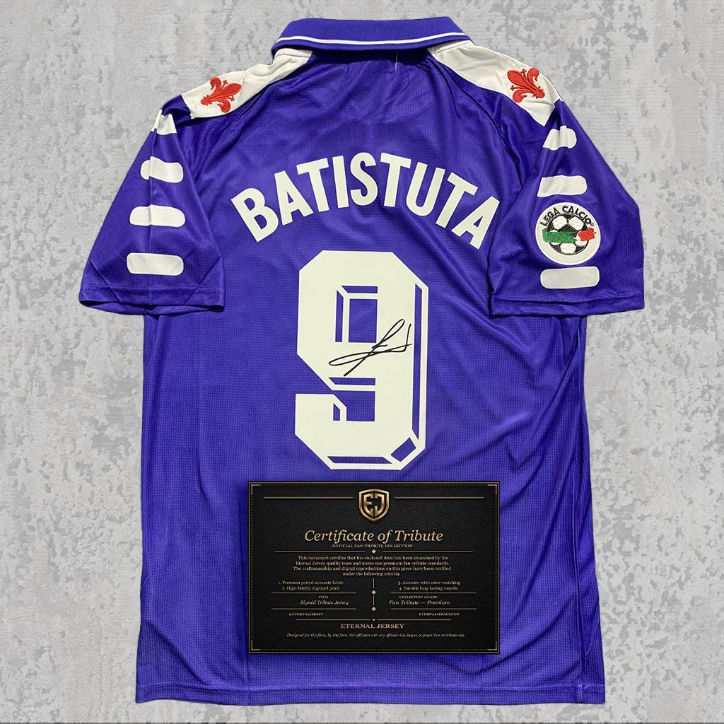 Gabriel Batistuta 1999 Signed Tribute Jersey | Florence Purple Kit — printed signature tribute football shirt
