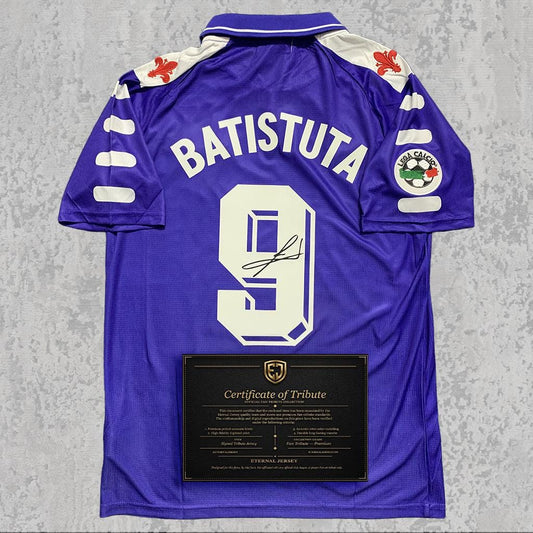 Gabriel Batistuta 1999 Signed Tribute Jersey | Florence Purple Kit — printed signature tribute football shirt