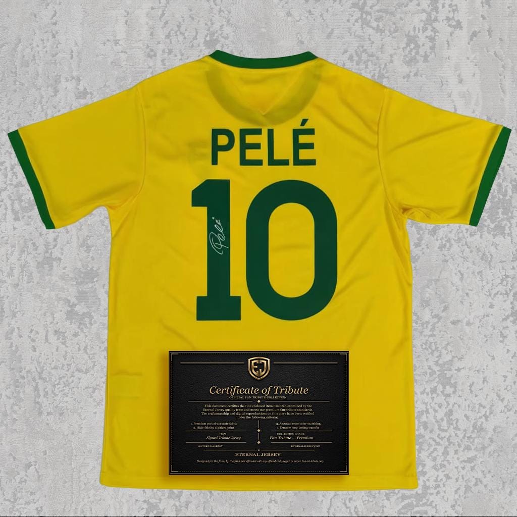 Pelé 1970 Signed Tribute Jersey | Classic Yellow Brazil Kit — printed signature tribute football shirt