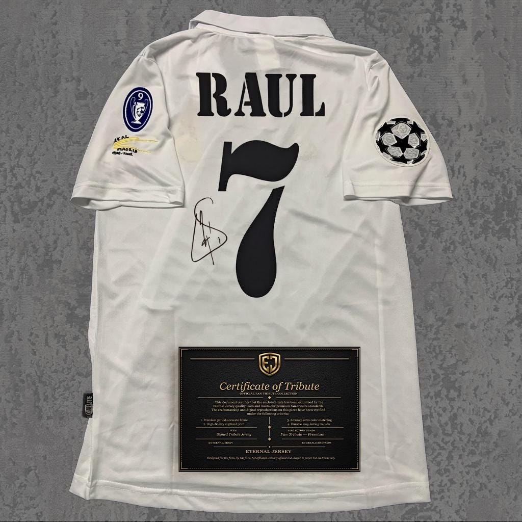 Raúl 2002 Signed Tribute Jersey | Classic Spanish White Kit — printed signature tribute football shirt