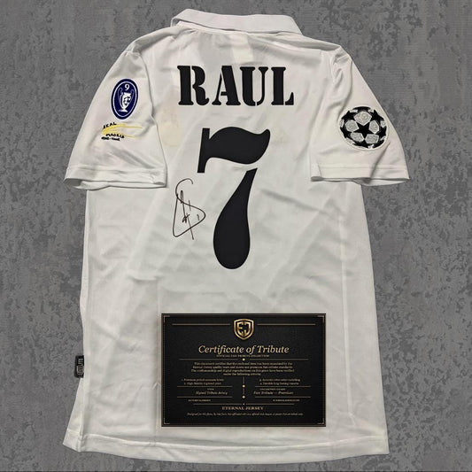 Raúl 2002 Signed Tribute Jersey | Classic Spanish White Kit — printed signature tribute football shirt