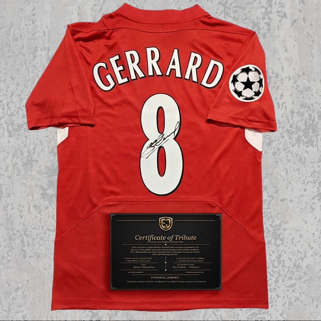 Steven Gerrard 2005 Signed Tribute Jersey | Istanbul Red Kit — printed signature tribute football shirt