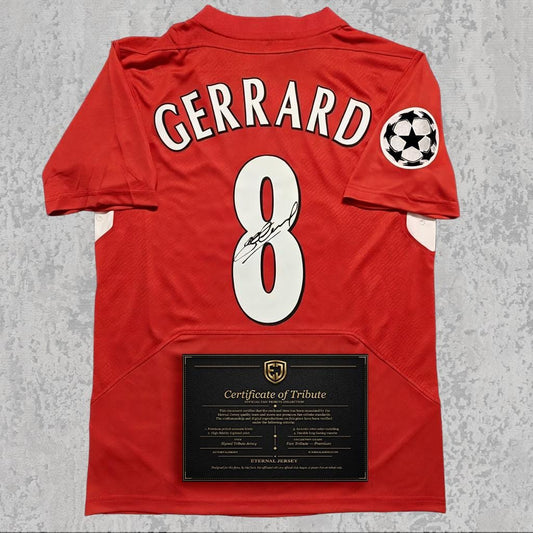 Steven Gerrard 2005 Signed Tribute Jersey | Istanbul Red Kit — printed signature tribute football shirt