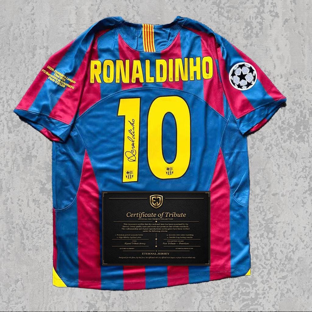 Ronaldinho 2006 Signed Tribute Jersey | Catalan Blue Red Stripes Kit — printed signature tribute football shirt