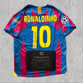 Ronaldinho 2006 Signed Tribute Jersey | Catalan Blue Red Stripes Kit — printed signature tribute football shirt