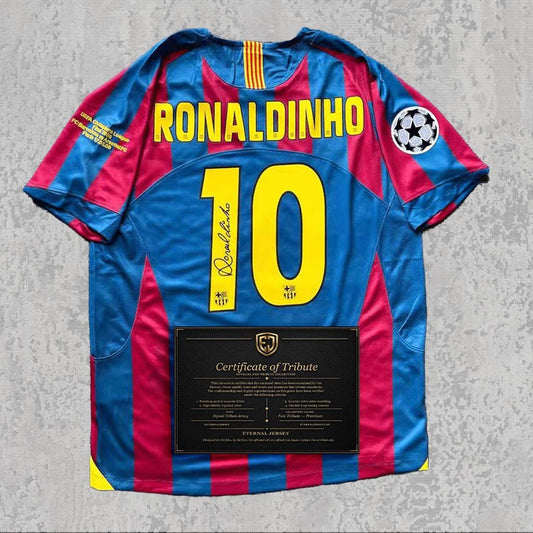 Ronaldinho 2006 Signed Tribute Jersey | Catalan Blue Red Stripes Kit — printed signature tribute football shirt