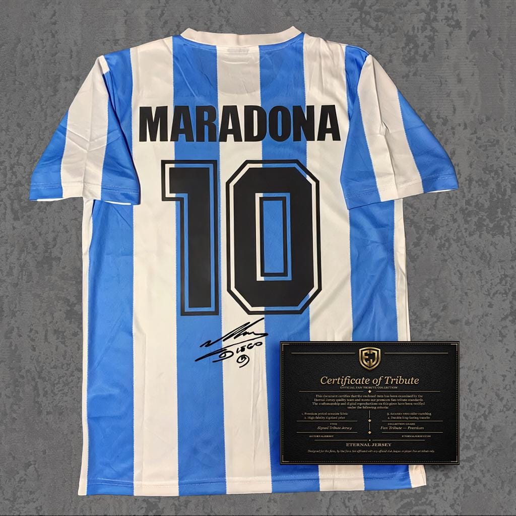 Diego Maradona 1986 Signed Tribute Jersey | Argentina Blue White Kit — printed signature tribute football shirt