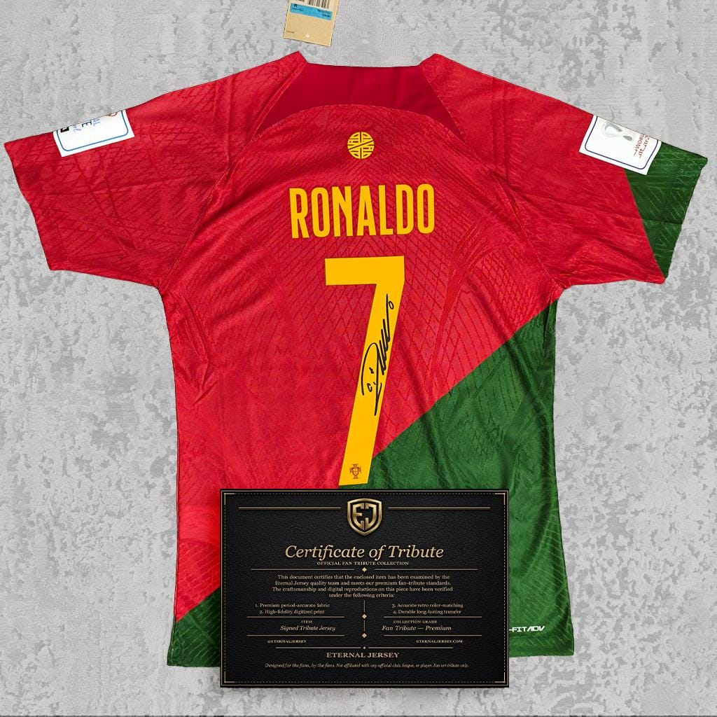 Cristiano Ronaldo 2022 Signed Tribute Jersey | Portugal Red Kit — printed signature tribute football shirt