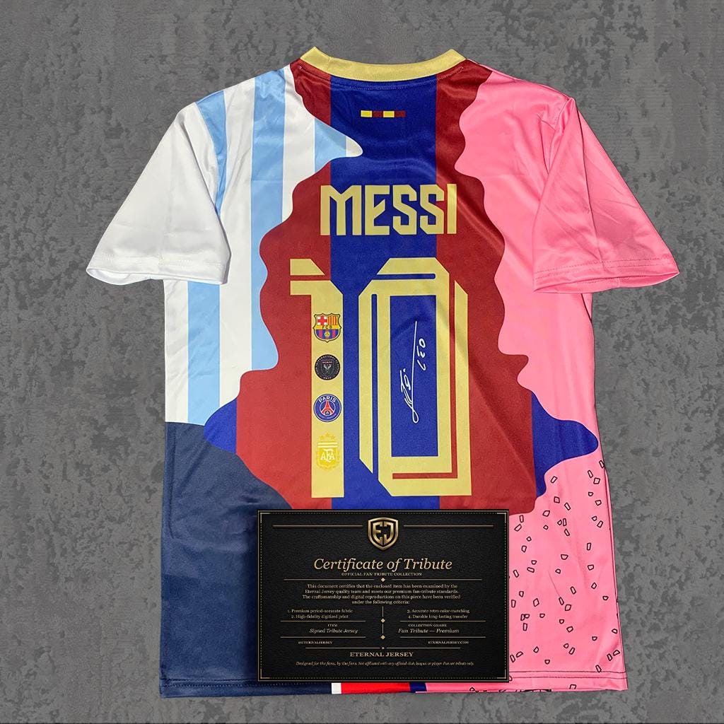 Lionel Messi No.10 Signed Tribute Jersey | Catalan Blue Red Classic — printed signature tribute football shirt