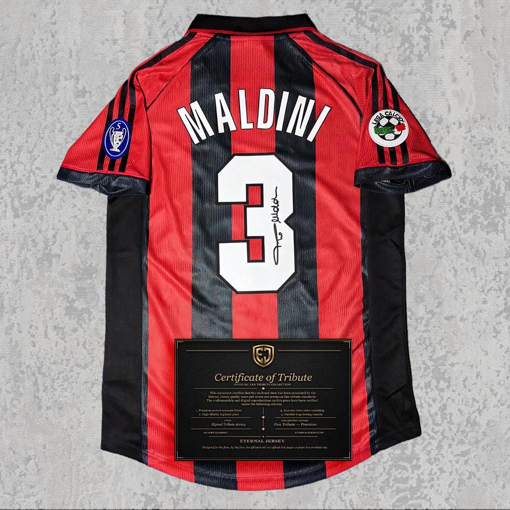 Paolo Maldini Signed Tribute Jersey | Classic Red Black Retro Kit — printed signature tribute football shirt