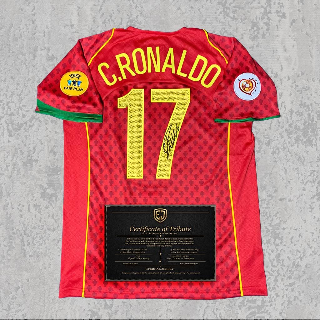 Cristiano Ronaldo 2004 Signed Tribute Jersey | Iberian Red Kit — printed signature tribute football shirt