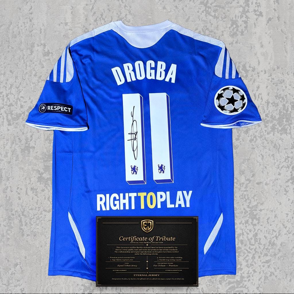 Didier Drogba 2012 Signed Tribute Jersey | West London Blue Kit — printed signature tribute football shirt