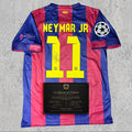 Neymar Jr 2015 Signed Tribute Jersey | Catalan Stripes Treble Kit — printed signature tribute football shirt