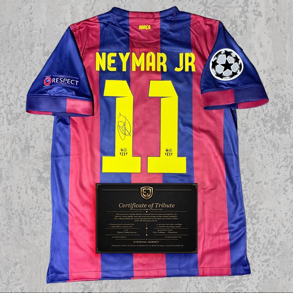 Neymar Jr 2015 Signed Tribute Jersey | Catalan Stripes Treble Kit — printed signature tribute football shirt