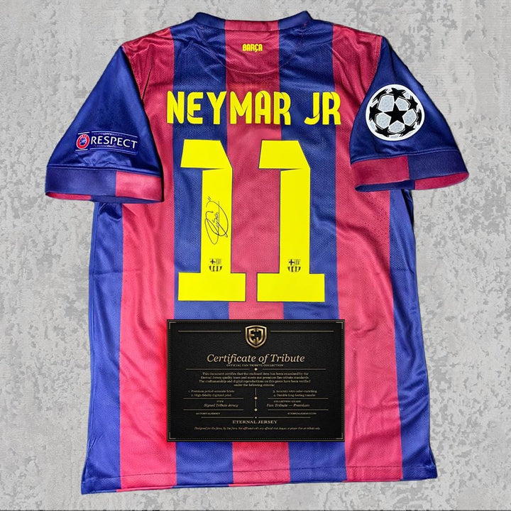 Neymar Jr 2015 Signed Tribute Jersey | Catalan Stripes Treble Kit — printed signature tribute football shirt