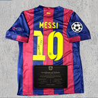 Lionel Messi 2015 Signed Tribute Jersey | Treble Season Blue Red Kit — printed signature tribute football shirt