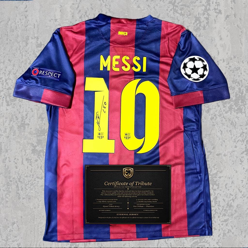 Lionel Messi 2015 Signed Tribute Jersey | Treble Season Blue Red Kit — printed signature tribute football shirt