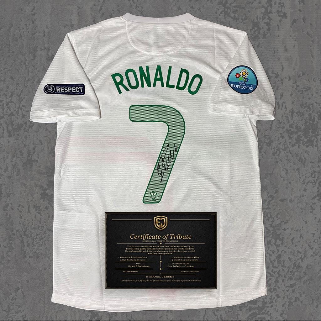 Cristiano Ronaldo 2012 Signed Tribute Jersey | Iberian White Kit — printed signature tribute football shirt