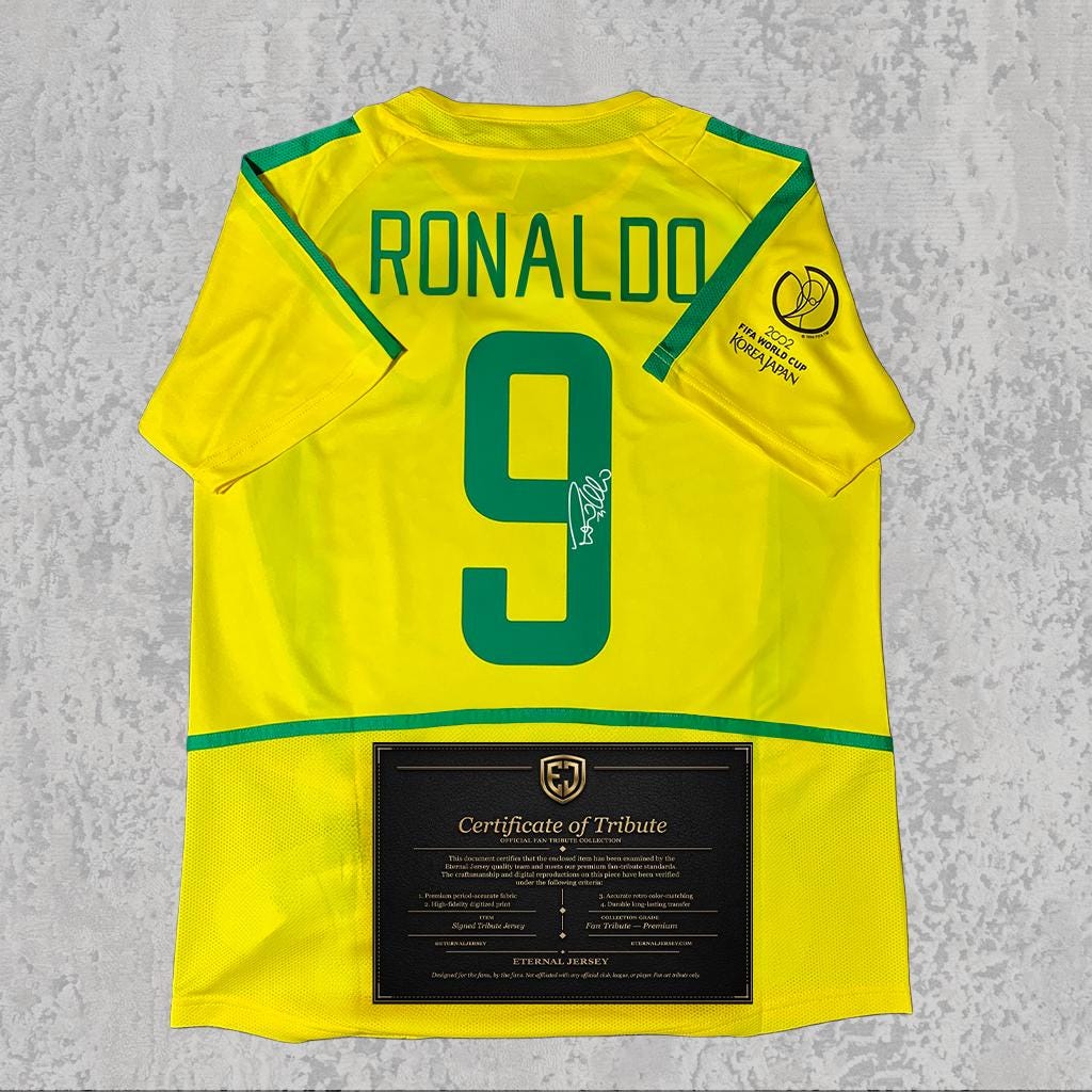 Ronaldo R9 2002 Signed Tribute Jersey | Samba Yellow Redemption Kit — printed signature tribute football shirt